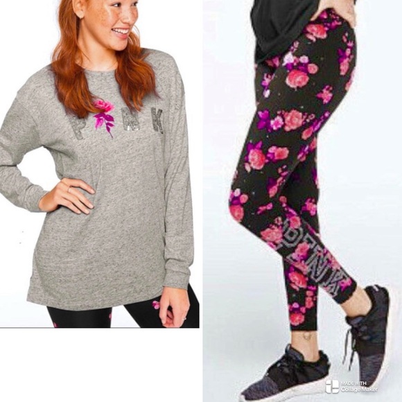 VS PINK bling tee PINK bling leggings bundle PINK floral yoga pants campus tee - Picture 1 of 5